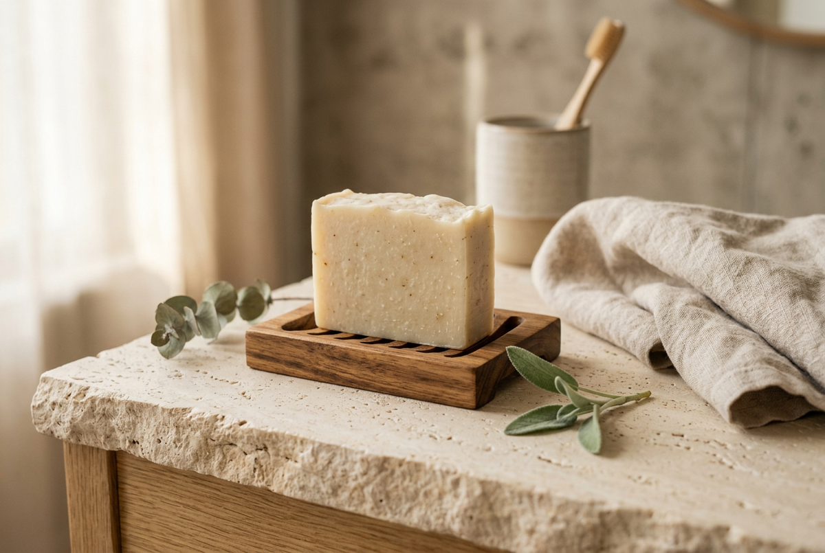 Cream handmade soap on a wooden draining dish beside linen and botanical sprigs.