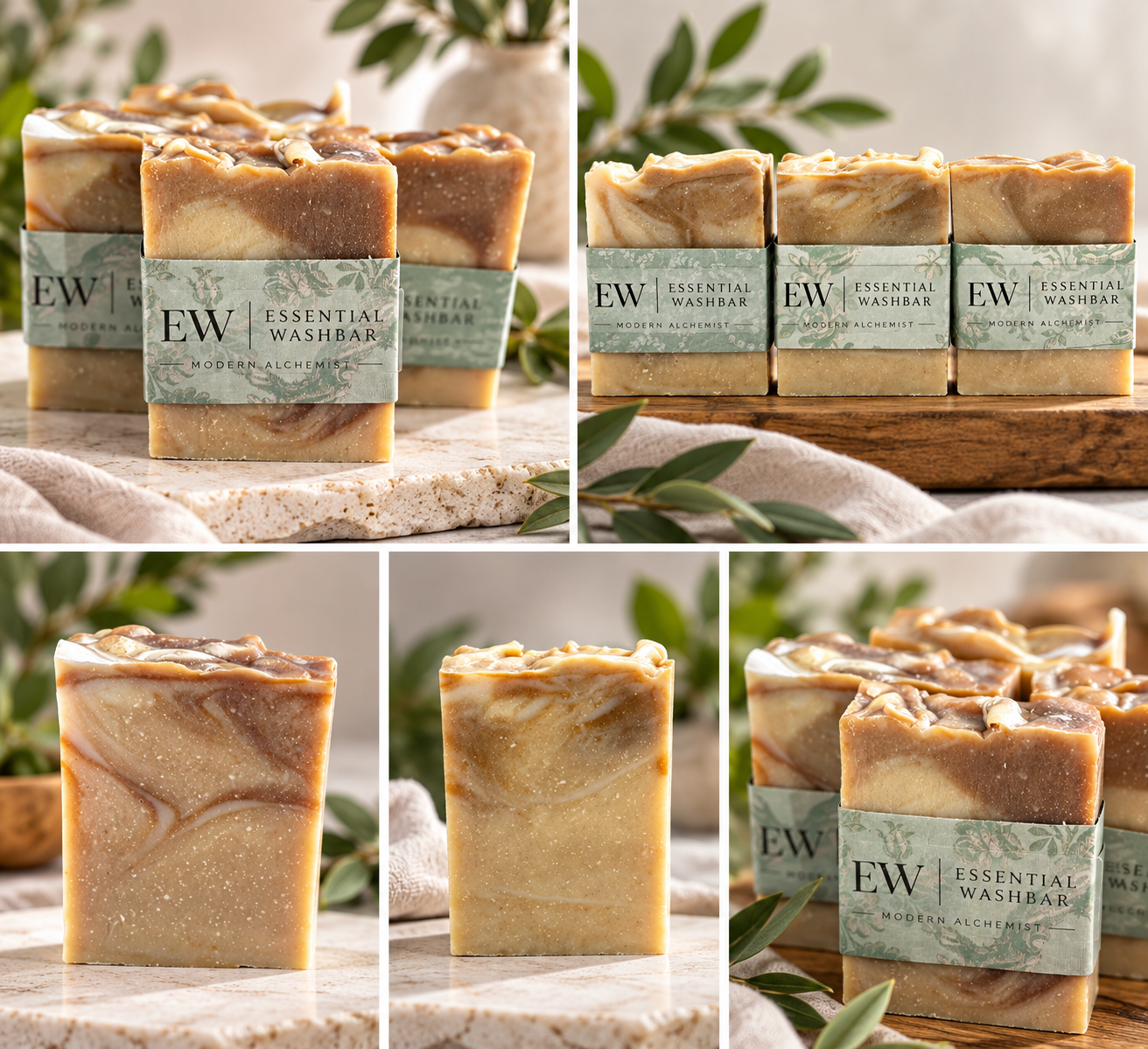 Coastal Horizon artisan soap collage with brown and cream swirls, sage botanical labels, and natural greenery.