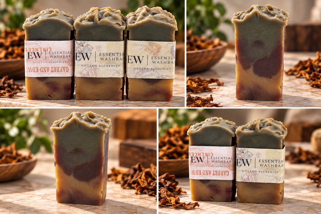Smoky Tobacco artisan soap with earthy botanical background